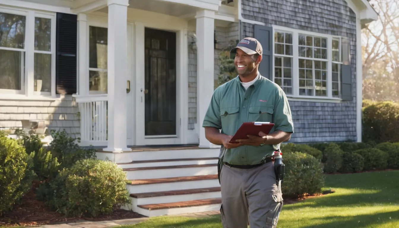 A friendly pest control provider talking with a homeowner at the front door of a home in Shelton